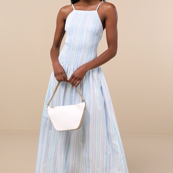 Lulus Jalessa Light Blue Multi Striped Drop Waist Midi Dress - Size M - Picture 1 of 1